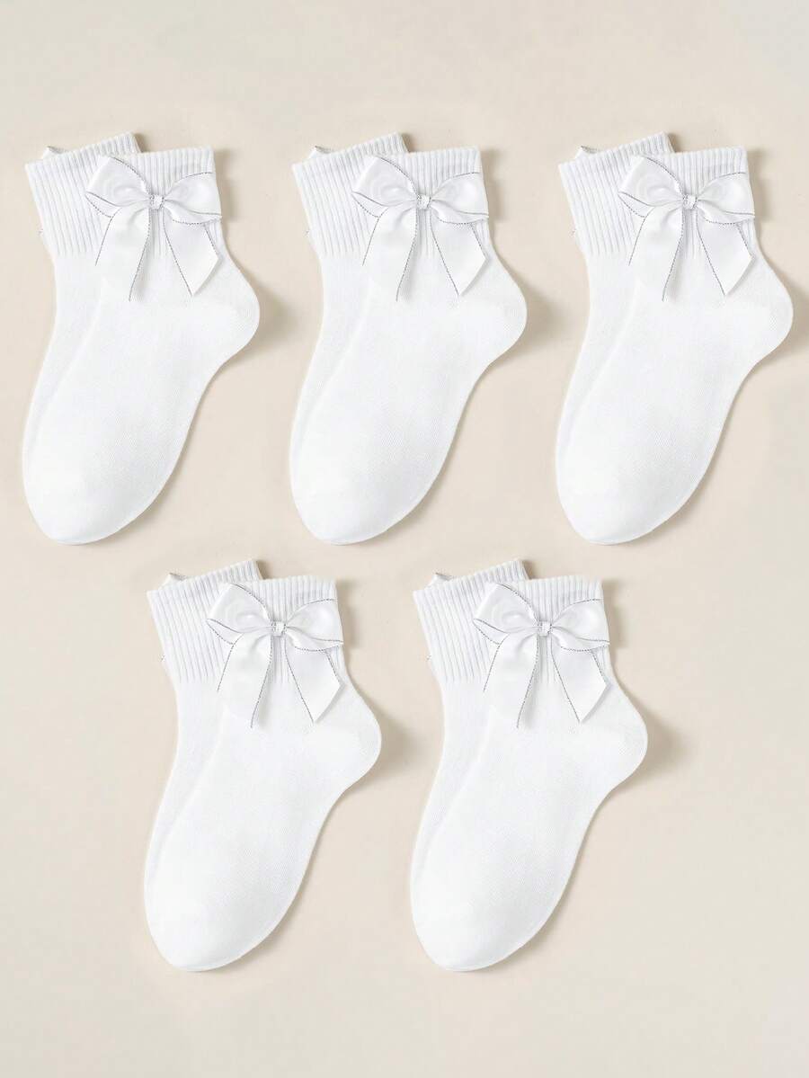 1/5 Pairs Of Girls' White Style Short Socks Featuring Satin Bows With Silver Trim Socks Are Soft And Suitable For Both Parties And Everyday Wear - Multicolor - View 1