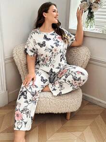 Plus Size Casual Comfortable Printed Short Sleeve & Long Pants Women's Loungewear 2 Pieces Set Pajamas - White - View 5