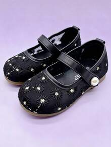 Girls Black Mesh Floral Embroidery Mary Jane Flats, Pearl Hook And Loop Non Slip Soft Sole Shoes, Wedding Party Princess Shoes For Girls Ages 3-10 - Black - View 3