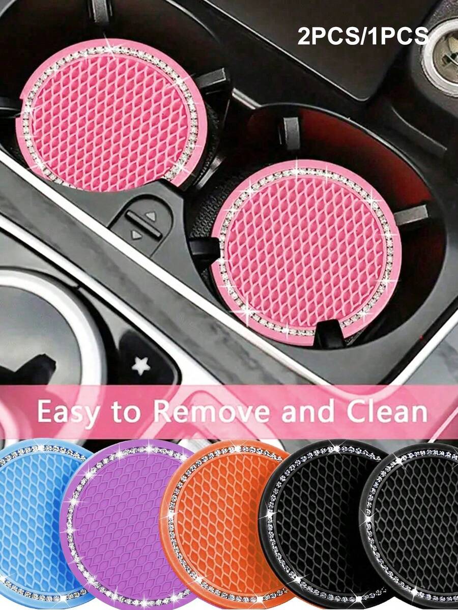 1/2pcs Car Cup Holder Coasters, Shiny Cup Holder Insert Coasters, Universal Anti-Slip Car Cup Holder Decorative Silicone Cup Mats, Car Interior Pad, 7cm/2.75" Soft Crystal Rhinestone Rubber Coaster Set Round Car Beverage Cup Holder Accessories