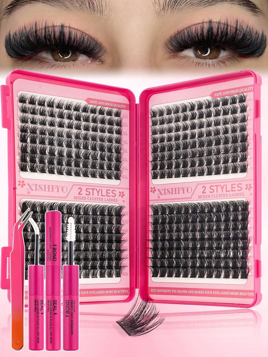 Kit de 384 piezas de pestañas individuales y adhesivo, racimos de pestañas de longitud mixta, juego de extensiones de pestañas DIY para principiantes, paquetes de pestañas postizas DIY mixtas con apariencia natural, delgada, gruesa y duradera, el juego de extensiones de pestañas DIY incluye adhesivo, sellador y pinzas, adecuado para principiantes para usar en casa o en movimiento, para la vida diaria, fiestas y festivales de música