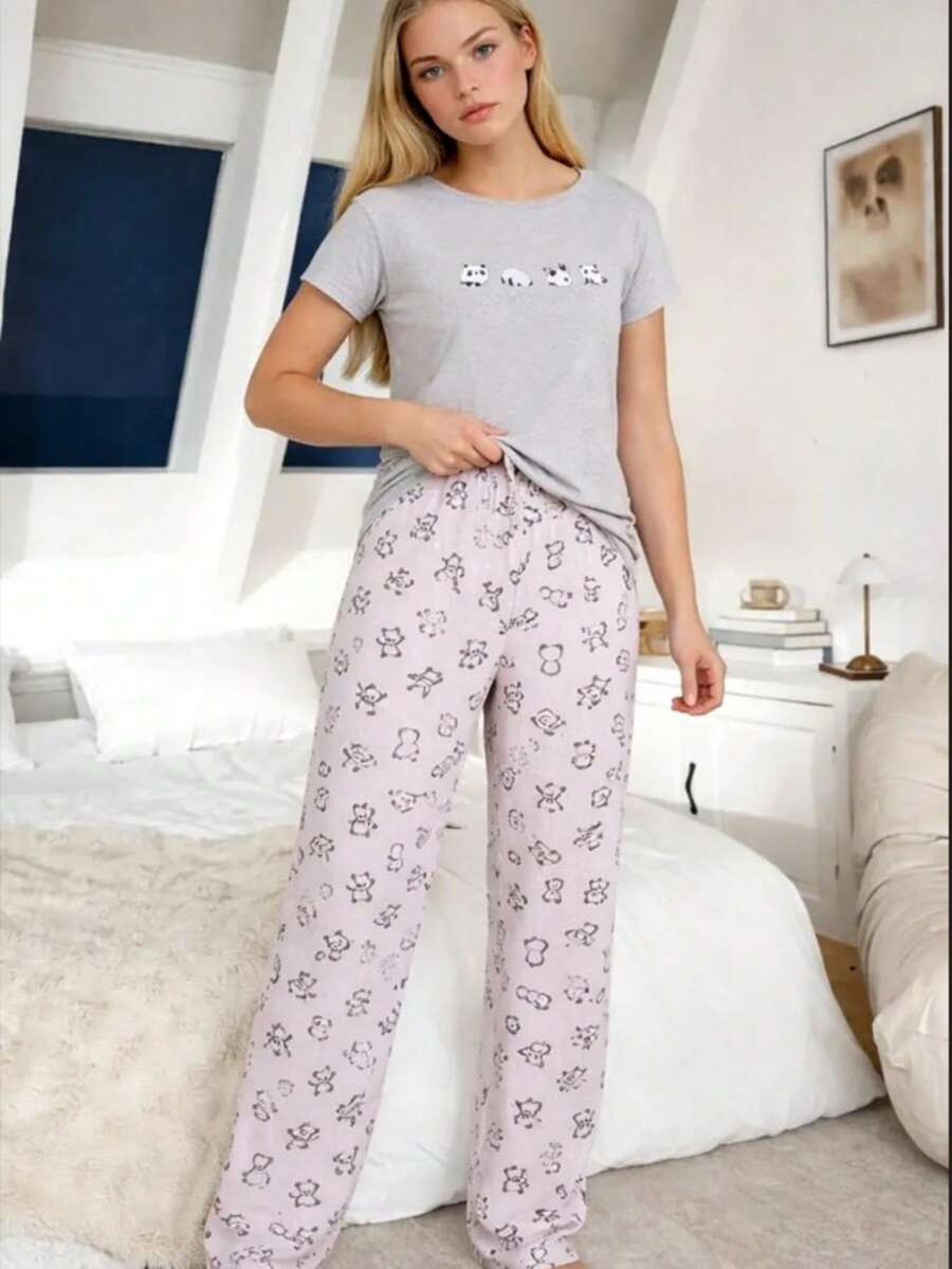 Kadın baskılı pıjama altı ve tshirt - 灰色 - 查看 1