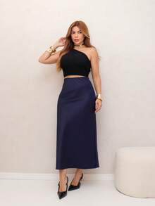 YING ZI Elegant Midi Social Skirt - 藏蓝色 - 查看 1