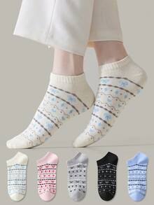 ZUJO 5 pares de calcetines cortos de mujer con patrón de rayas, lazos y corazones, suaves, transpirables y amigables con la piel, adecuados para uso diario en primavera, otoño y verano - Multicolor - Ver 1