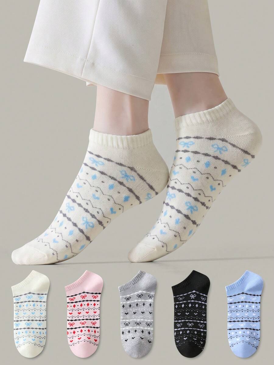 ZUJO 5 pares de calcetines cortos de mujer con patrón de rayas, lazos y corazones, suaves, transpirables y amigables con la piel, adecuados para uso diario en primavera, otoño y verano - Multicolor - Ver 1