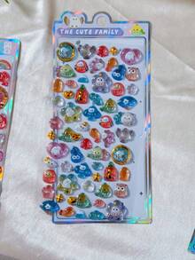 Cute Aesthetic 3D Crystal Gem Cartoon Rabbit & Cat Stickers, Embossed Decals, Reward Gift For Kids Girls, Cute Phone Case Decoration - 彩色 - 查看 3