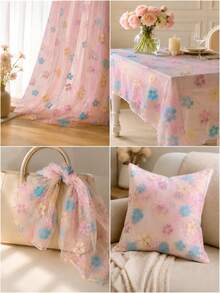 Tessuto in tulle con stampa a fiori di ciliegio multicolore su base rosa, 50cm/1yd/3yd/5yd, tessuto in rete semitrasparente, larghezza 150cm, tessuto estivo per fai da te, adatto per abiti, top halter, veli e tende - 1 - Visualizzare 6