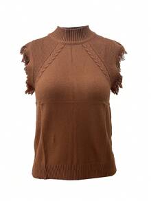 Women's Plus Size Solid Color Stand Collar Tassel Design Knit Vest Brown Fall - Brown - View 3