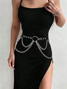 1pc Women's Plus Size Sexy Black Belt Waist Chain Gothic Style Corset Dark Studded Tassel Waist Chain Suitable For Daily Commute, Music Festival, Halloween Party, Carnival Use, Overall Design Emphasizes Personalized And Street Style, Suitable For Matching With High-Waist Pants, Dresses Or Stage Outfits, It Is The Perfect Accessory To Create Dark Style, Hot Girl Style Or Nightclub Look - Multicolor a - View 1