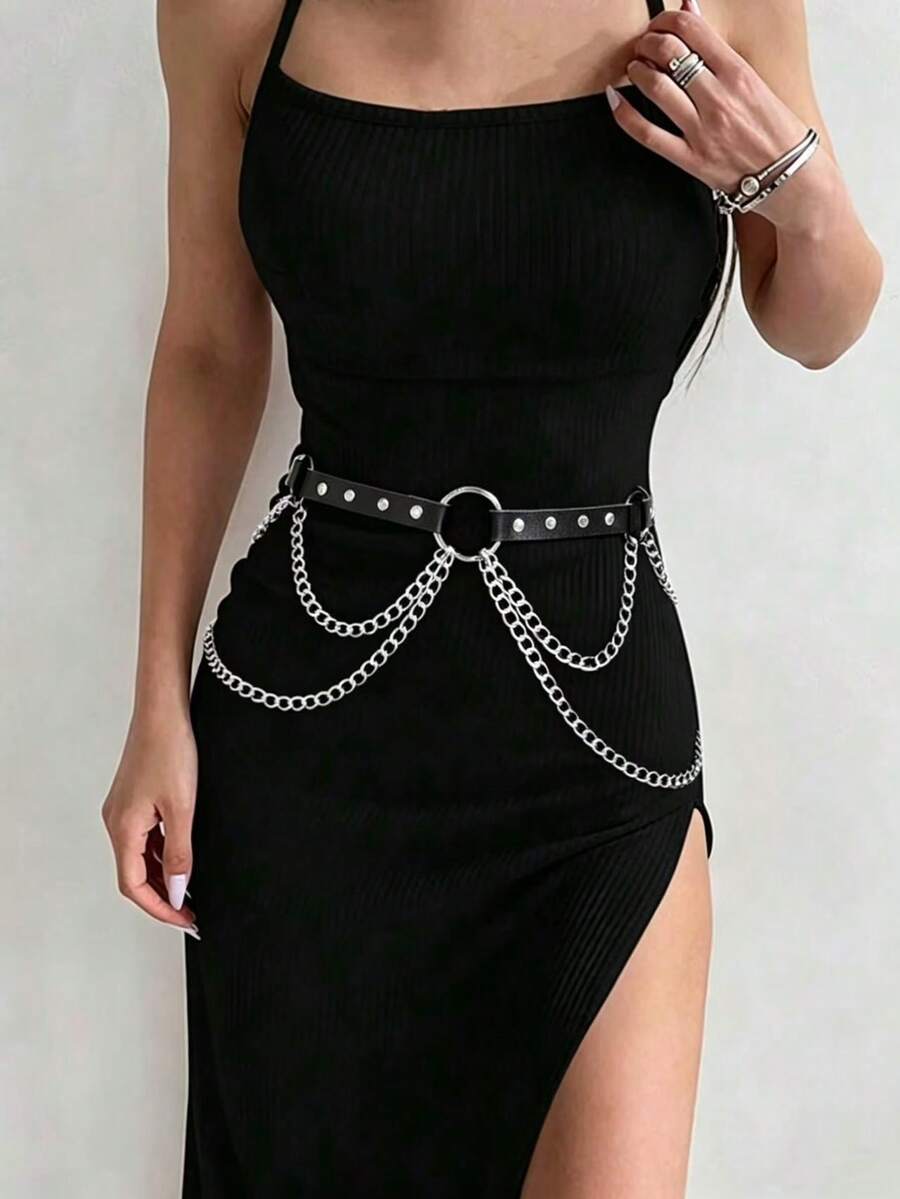 1pc Women's Plus Size Sexy Black Belt Waist Chain Gothic Style Corset Dark Studded Tassel Waist Chain Suitable For Daily Commute, Music Festival, Halloween Party, Carnival Use, Overall Design Emphasizes Personalized And Street Style, Suitable For Matching With High-Waist Pants, Dresses Or Stage Outfits, It Is The Perfect Accessory To Create Dark Style, Hot Girl Style Or Nightclub Look - Multicolor a - View 1