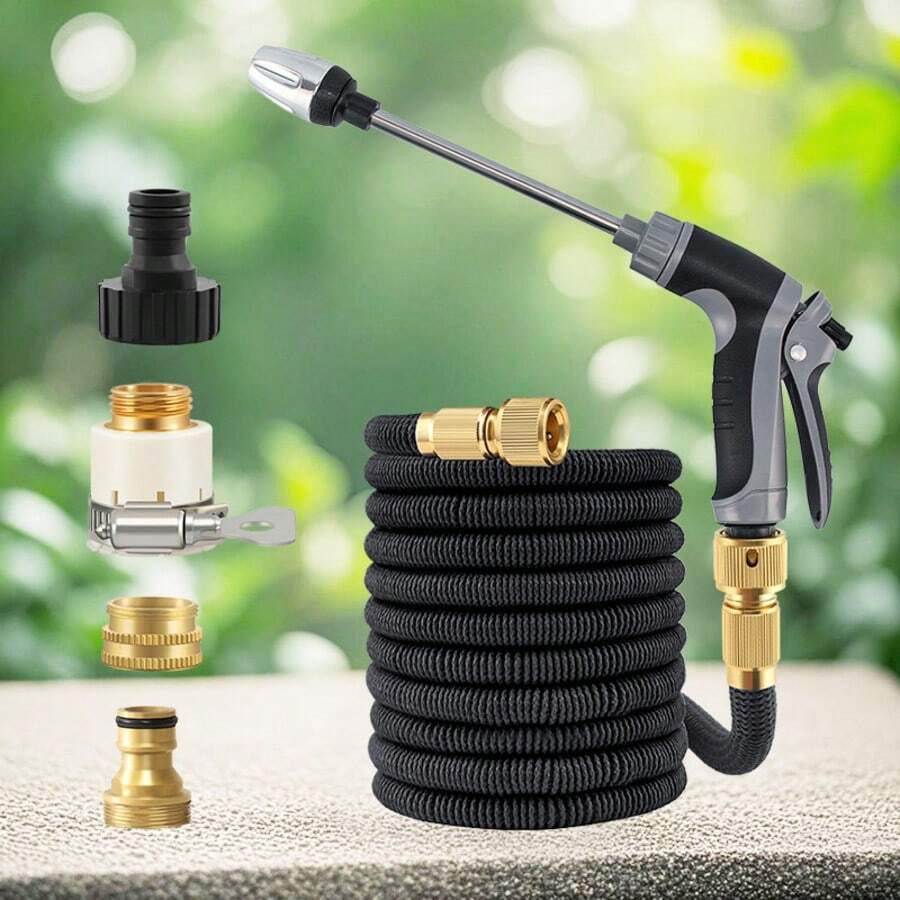 7件組 150英呎可伸縮花園水管套組，適用於澆灌植物與洗車，附可調式噴槍，適用於歐盟與美國