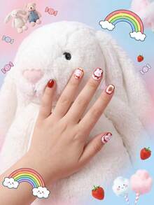 24pcs Kids Girls Press-On Short Artificial Nails, Cute Strawberry & Rabbit Pattern Design Pre-Glued Full Coverage Acrylic Nail Tips Set, Suitable For Children Girls Nail Decoration (Strawberry Girl) - Multicolor - View 4