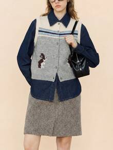 Alicedudu Women's Autumn Vintage Animal Print Cardigan Sweater Vest Fall - Light Grey - View 4