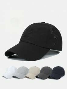 1 pieza Gorra de béisbol de malla transpirable de color negro sólido para mujer, gorra ajustable con cierre a presión para el verano - De secado rápido y transpirable - Ver 2