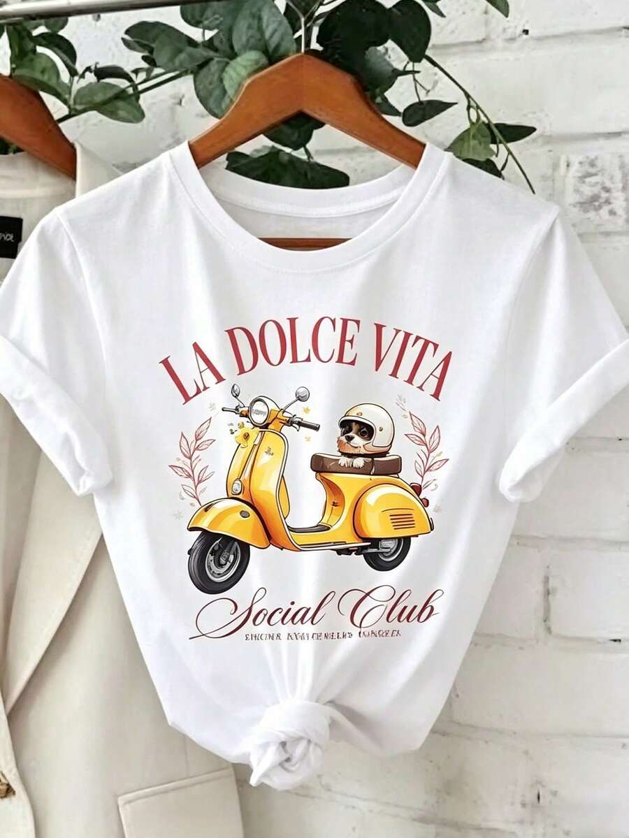 100% Baumwolle Damen-T-Shirt mit "La Dolce Vita" Roller-Print, lässiges Rundhals-Kurzarm-T-Shirt für Frauen, elegantes Vintage-Grafik-Top2026 - Weiss 3 - Übersicht 1