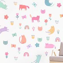 1set Watercolor Wall Stickers Featuring Cats, Butterflies, And Flowers, Self-Adhesive Paper, Suitable For Home Decoration, Room Decoration, And Wall Decoration, Made Of Waterproof PVC Material, Removable - Self-adhesive - View 4