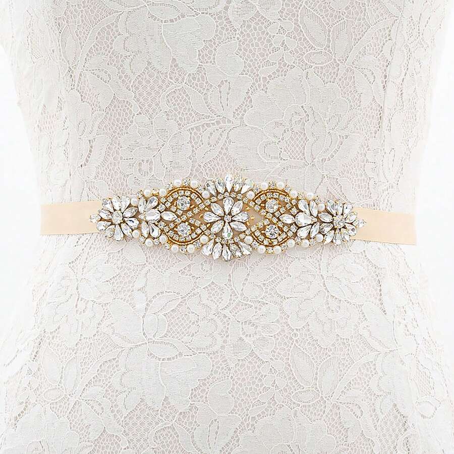 1pc Rhinestone Handmade Bridal Belt - Gold Applique+Champagne Ribbons - View 1