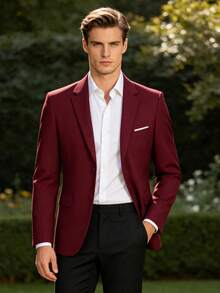 Men's Suit Jacket, 2-Button Elegant Solid Color Slim Fit Single-Breasted Party Formal Business Suit - Burgundy - View 7
