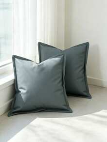 Funda de almohada de cuero sintético minimalista y neutra con borde de ala, 45x45cm, funda de cojín de cuero vegano, almohada decorativa de granja moderna para sala de estar, dormitorio y sofá, sin relleno de almohada - azul cielo grisáceo - Ver 13