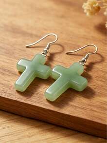 1 par de pendientes elegantes con colgante de cruz de aventurina verde, cristal natural de curación energética, joyería de estilo bohemio para uso diario, regalo de Pascua/Navidad - Multicolor - Ver 6