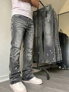 Embroidered Flare Jeans, Letter Embroidered Men's Slim Fit Flare Jeans, Ripped Flare Jeans With Patches, Y2K Stacked Jeans, Contrast Washed Embroidered Jeans, Suitable For All Seasons - Black - View 3