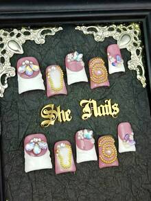 DIY 10pcs Full Cover Duck-Shaped Press-On Nails, White & Red Nail Art, Red Leopard Print With 3D Rhinestones & Pearls, Y2K Elegant & Luxurious Style, Removable Fake Nails For Spring, Summer, Autumn, Winter, Suitable For Party, Daily Wear And Cosplay, Includes Jelly Glue And Nail File Handmade Press On Nails - White - View 1