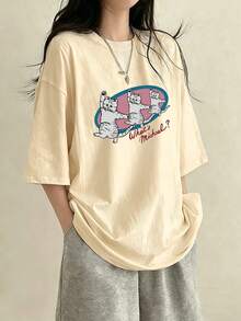 女款寬鬆圓領短袖字母與貓咪印花T恤，春夏休閒款 - 杏色 - 查看 1