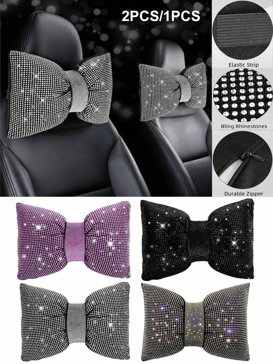 2pcs/1pc Shiny Car Pillow - Car Headrest Bow Neck Support Pillow, Driver Specific, With Shiny Rhinestone Bow Neck Support Accessory, Sleep Travel Support Neck Pillow, Shiny Rhinestone Interior Accessory, Suitable For Women - one-size - View 1