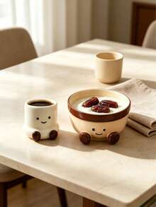 Cute 3D Foot & Smiling Face Ceramic Tableware Set, Espresso Coffee Cup & Multipurpose Bowl For Rice, Yogurt, Oatmeal & Breakfast, Adorable Home Kitchen Drinkware, All Occasion Gift - Multicolor - View 3