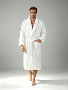 Lapel-up Plain Bathrobe - White