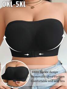1 pieza Sujetador Bandeau Sexy con Cierre Delantero Talla Grande, Sujetador Negro sin Tirantes sin Costuras con Elevación Push-Up y Soporte Lateral - Negro - Ver 2