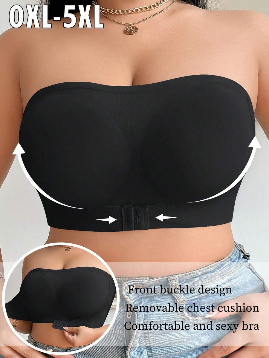 1 pieza Sujetador Bandeau Sexy con Cierre Delantero Talla Grande, Sujetador Negro sin Tirantes sin Costuras con Elevación Push-Up y Soporte Lateral