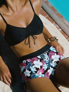 Green Floral Print Wrap-Around Bikini Bottom, Suitable For Various Occasions Vacation Beach Summer - Multicolor - View 2