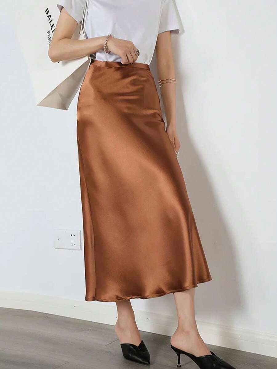 New Arrival Satin Midi Skirt, High Waist, Flowy Fit, All-Day Comfort - Marrom claro - 查看 1