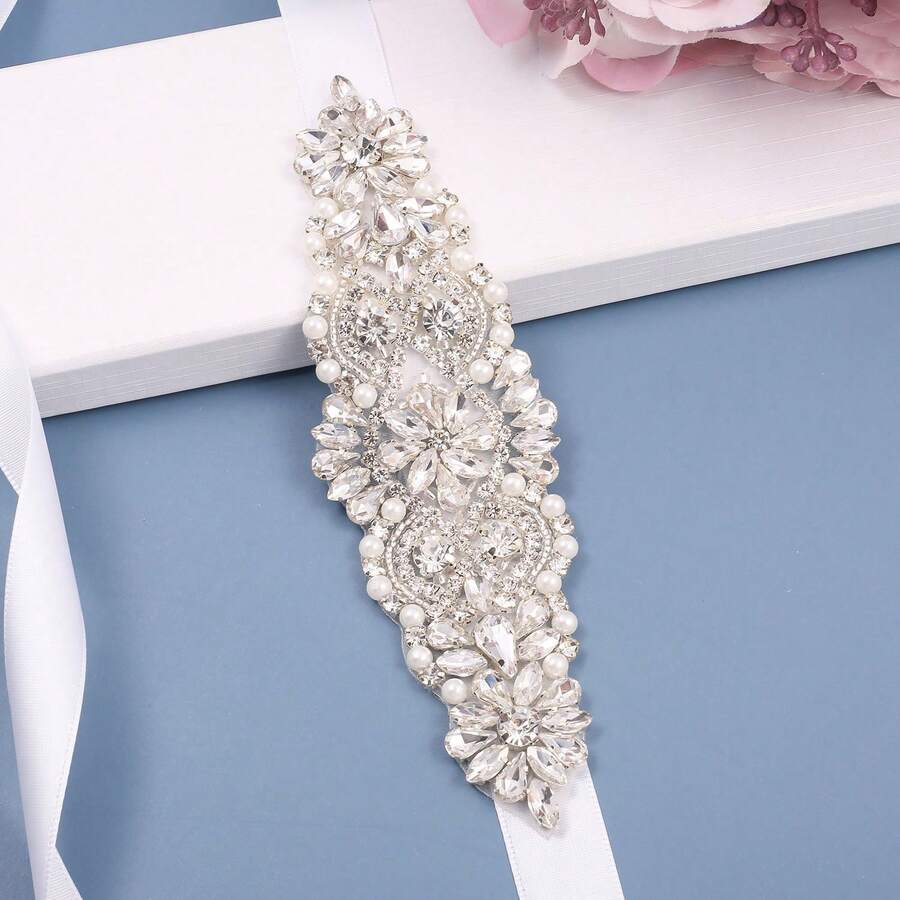 1pc Rhinestone Handmade Bridal Belt - Silver Applique + White Ribbons - View 1