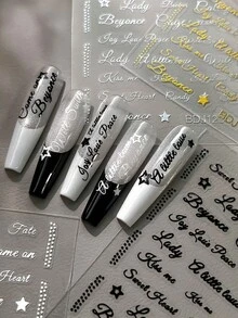 4pcs/Set Black White Gold Silver Cursive Letter Nail Art Stickers, For DIY Manicure Decoration - Multicolor - View 1