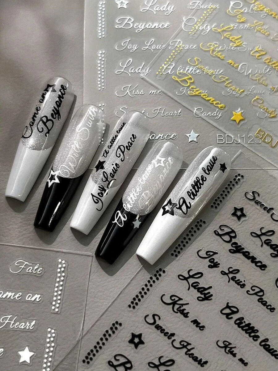 4pcs/Set Black White Gold Silver Cursive Letter Nail Art Stickers, For DIY Manicure Decoration - Multicolor - View 1