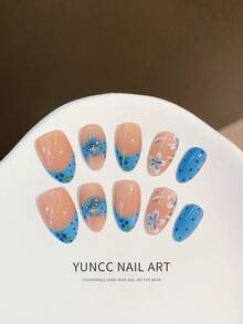 10 piezas de uñas postizas de almendra medianas, de punta francesa azul desnuda, hechas a mano, con flores y lunares - Multicolor - Ver 2