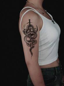 1pc Y2K Style Tattoo, Snake & Sword Pattern, Animal Temporary Tattoo Sticker, Waterproof & Sweat-Proof, Washable, Non-Reflective, Realistic Tattoo Effect For Arms, Legs, Shoulders, Chest, Back, Suitable For Fashion-Forward People, Lasts 3 To 5 Days - Black - View 3