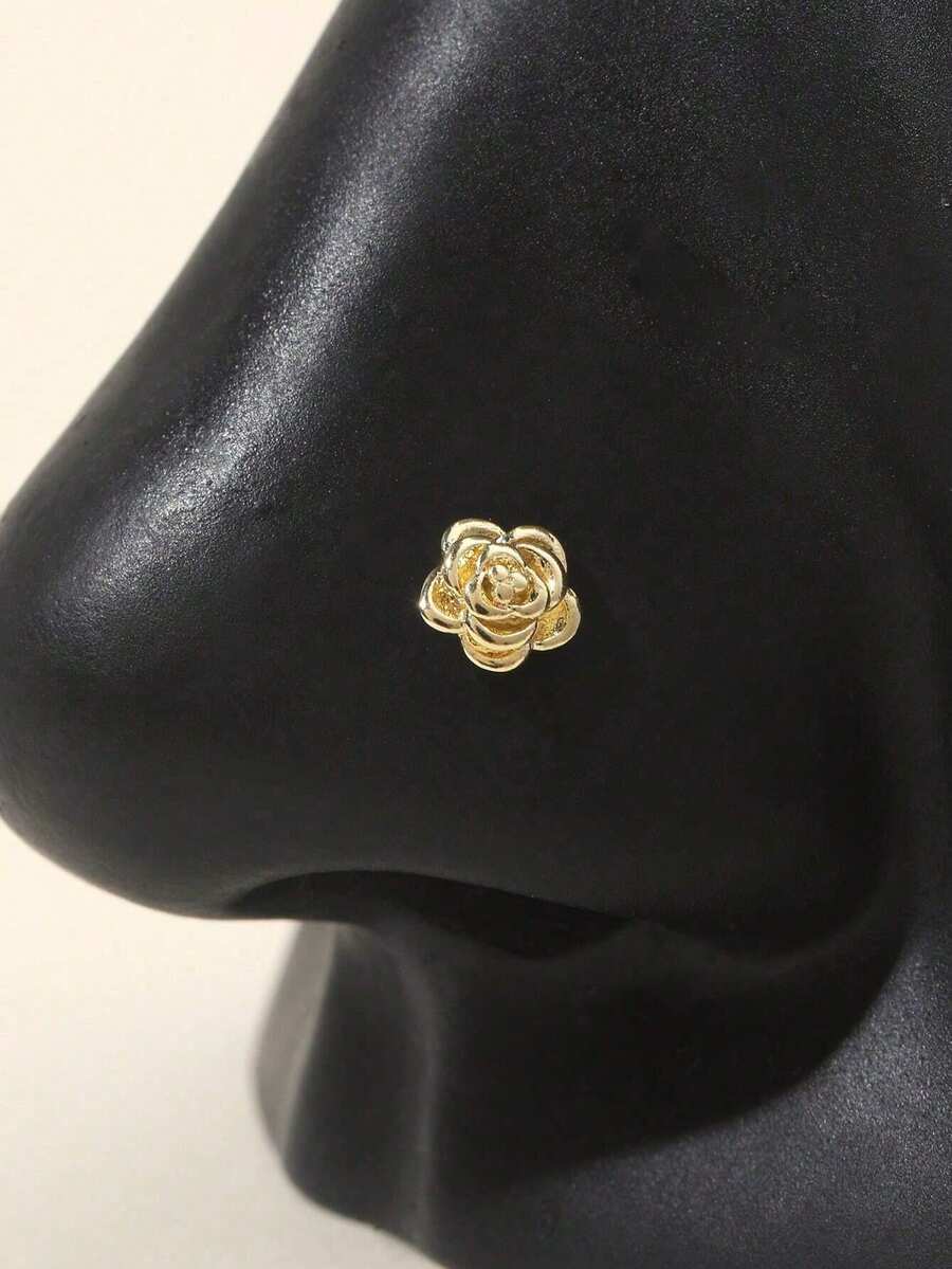 1 pieza Anillo de nariz en forma de L chapado en oro de 18K de acero inoxidable con diseño de flor de rosa, adecuado para perforaciones de nariz/oreja de verano, disponible en diseños de mariposa, rosa, circonita, flor, estilo Y2K y gótico, accesorios de perforación corporal para pendientes de nariz, aros de cartílago, etc. - Amarillo Oro - Ver 1
