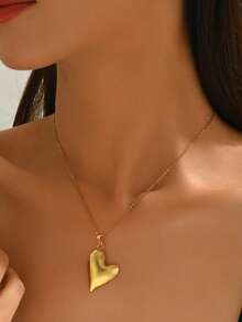 VceTd 1PC Fashion Business Style Stainless Steel Women's Pendant Necklace With Asymmetrical Hollow Geometric/Glossy Heart-Shaped Pendant Design, Suitable For Women's Daily Wear, Fashion Commuting, Holiday Parties, Or As A Holiday Gift For Women Or Loved Ones - Yellow Gold - View 5