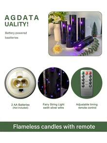 5pcs LED Flameless Candle Lights With Timer Remote Control, Battery Operated Embedded Flickering String Lights, Suitable For Halloween, Christmas, Birthday, Gift, Party, Holiday - Black - Purple Light Edition - View 7