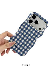 GIIPPA 1件藍白不對稱格紋設計波浪手機殼，適用於Phone 17 Pro Max，相容Phone 16 Pro Max、15 Pro Max、14 Pro Max、11/12/13/14/15/16 Pro Max Plus，韓系高端時尚趣味手機殼，優雅設計男女皆宜，送女友的完美禮物，適合聖誕節、情人節、復活節、婚禮季與生日 - 彩色 - 查看 3
