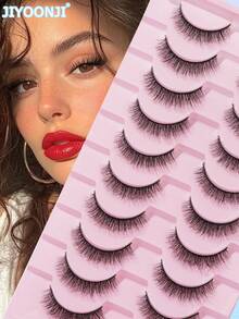 10 paires de faux cils 8D en fausse vison faits main, naturels, moelleux, épais, bouclés et courts, longueur 5-10 mm - Noir - Voir 2