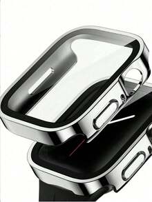 Glass + Protective Case Compatible With Apple Watch 42 46mm 45mm 41 49 44mm 40mm, Straight Edge Screen Protector Cover, Compatible With Apple Watch SE 6 7 8 9 10 11 Ultra - Silver - View 3