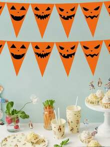 12pcs Halloween Funny Pumpkin Face Triangle Bunting, Orange Ghost Face Pattern Hanging Decor, Suitable For Halloween Party Background Decoration, Home Wall Decor, Store Window Display, Holiday Atmosphere Decoration - Multicolor - View 1