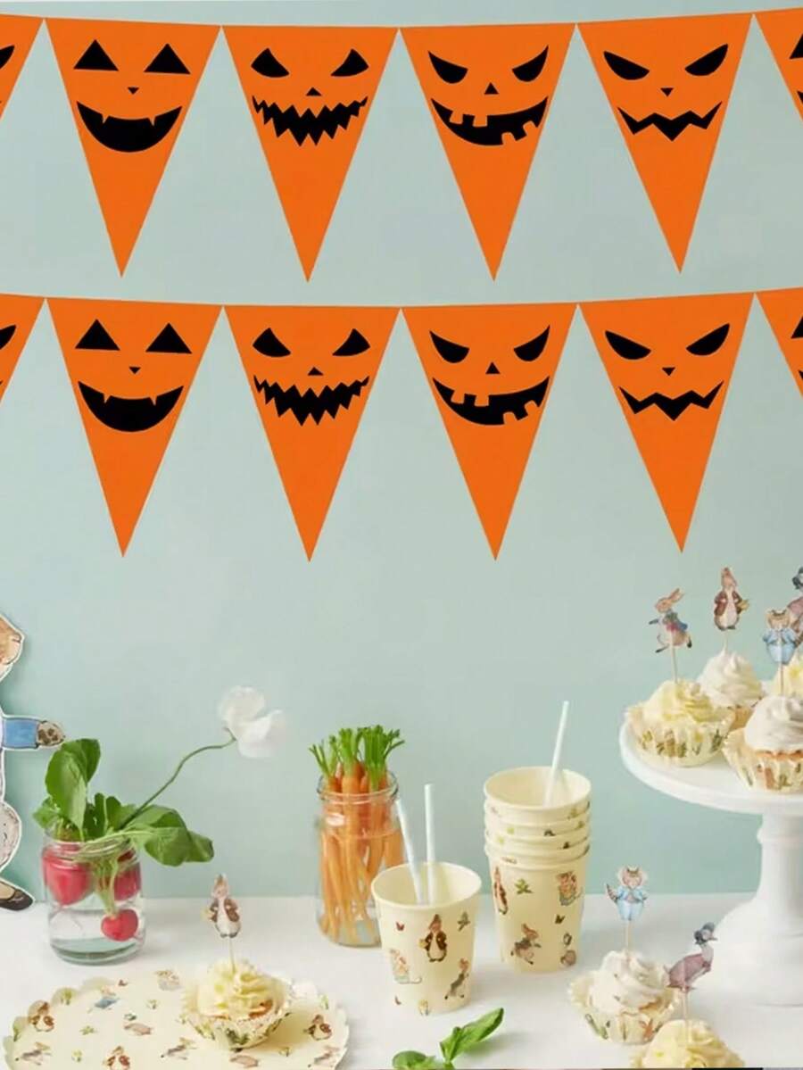 12pcs Halloween Funny Pumpkin Face Triangle Bunting, Orange Ghost Face Pattern Hanging Decor, Suitable For Halloween Party Background Decoration, Home Wall Decor, Store Window Display, Holiday Atmosphere Decoration - Multicolor - View 1