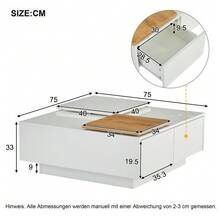 Modern Square Coffee Table In Glossy White Wood With A Shelf Measuring 75 X 75 X 33.5 Cm, Small Sliding Tray, Maximum Load Capacity 30 Kg. - 白色 - 查看 6
