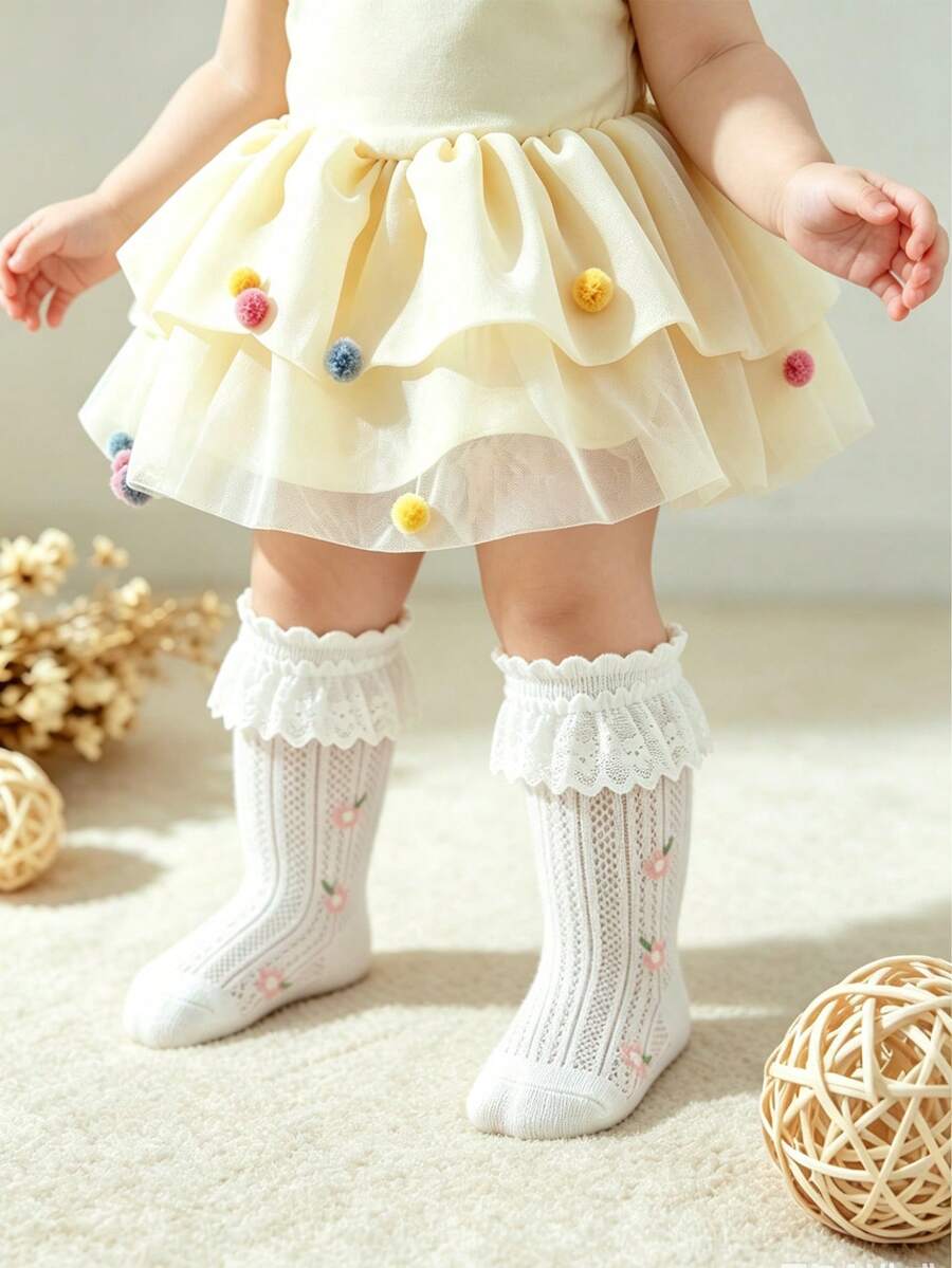 1雙春夏季薄蕾絲荷葉邊小腿襪,適合幼女/女孩,優雅時尚柔軟透氣花卉網眼襪,適合公主裙、學校表演、度假出遊 - 白色 - 查看 1