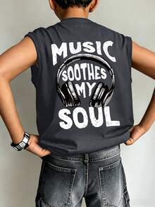 Tween Boy Music Style Headphones & Letter Print Sleeveless Crew Neck Tank Top, Comfortable Summer - Dark Grey - View 1